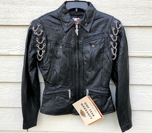 New Harley Davidson Womens Motor Cycle Genuine Leather Chain Jacket - X-Small